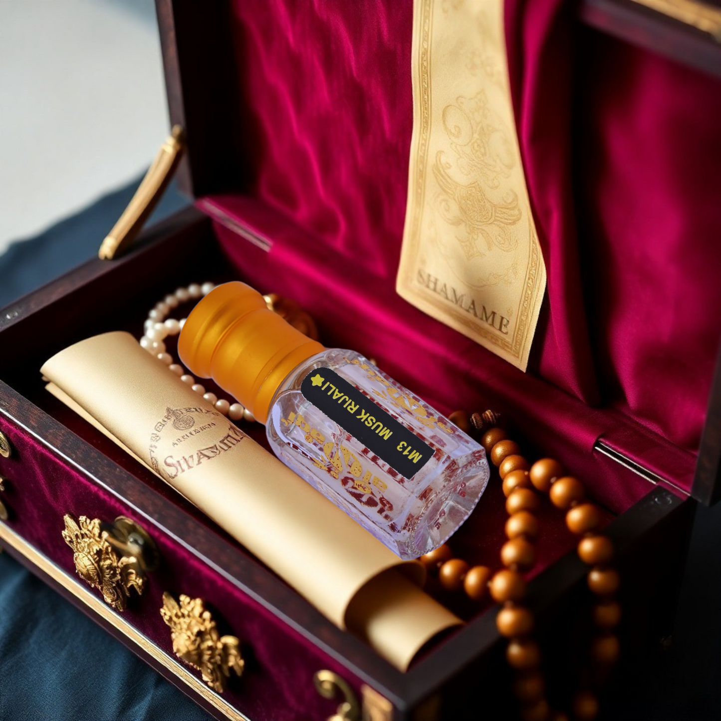A roll-on fragrance bottle elegantly positioned against a soft, velvety background.
