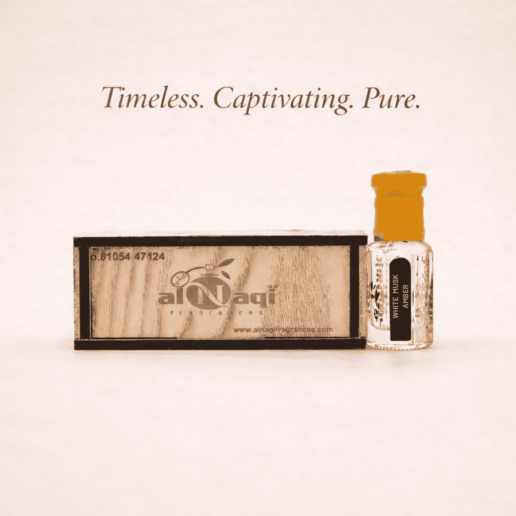 Fragrance bottle on a wooden stand with notes description on a dark background