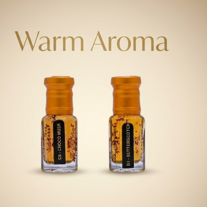 Two bottles of 'Warm Aroma' with labels on a beige background