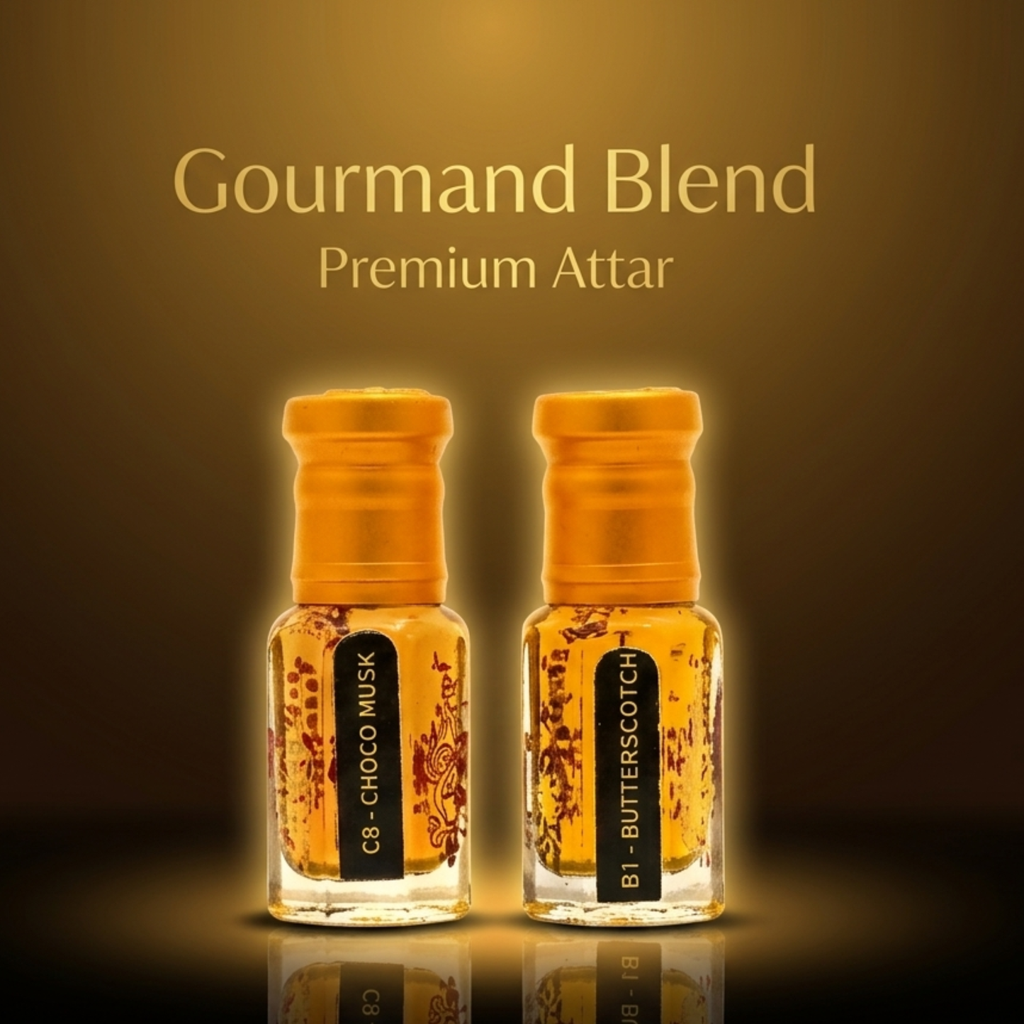 Two bottles of Gourmand Blend Premium Attar on a dark background