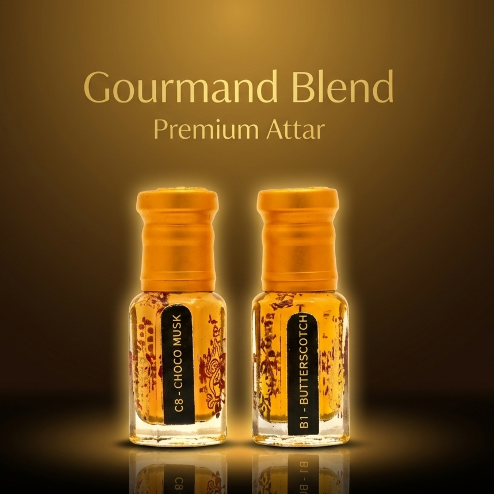 Two bottles of Gourmand Blend Premium Attar on a dark background