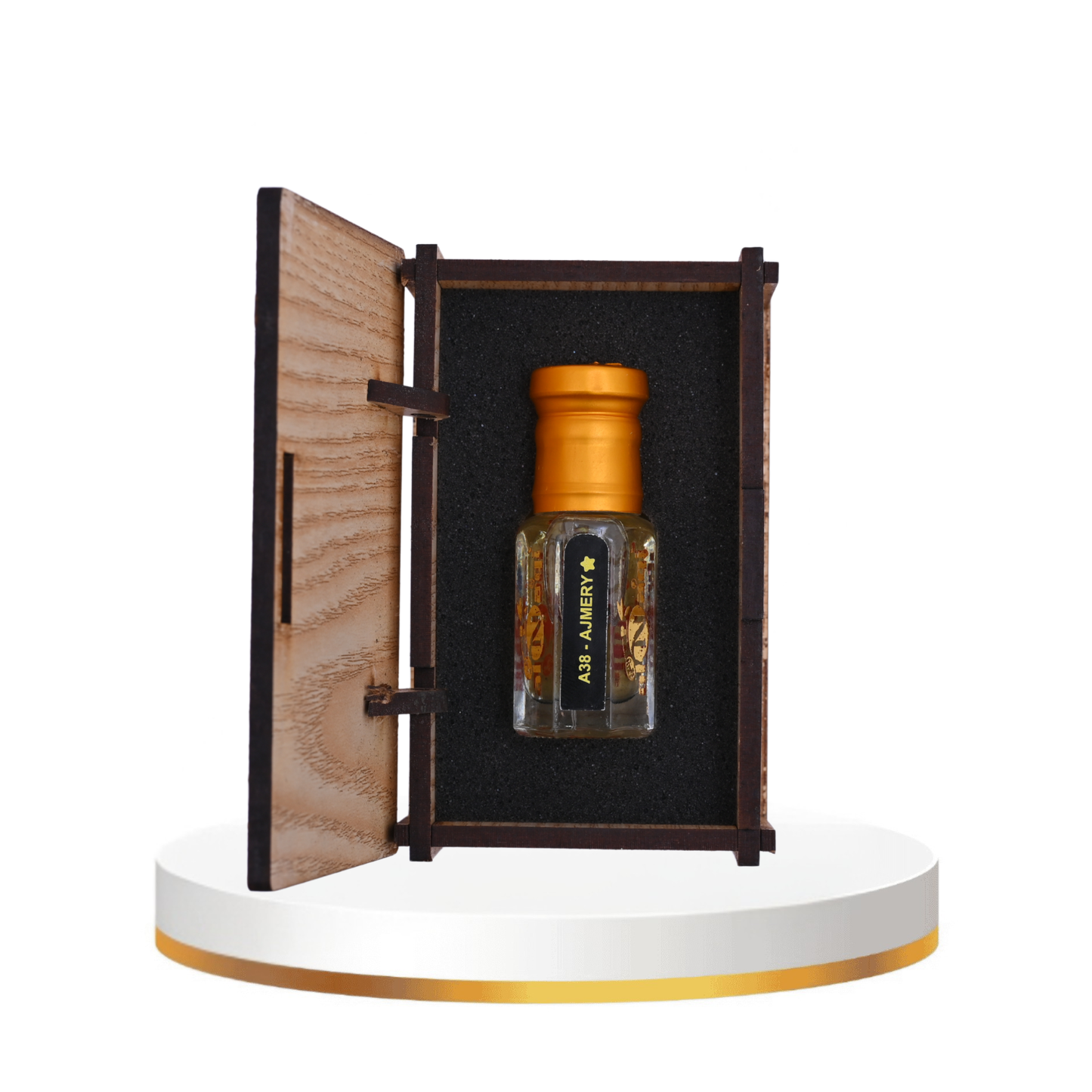 Perfume bottle with wooden cap in a wooden box on a white platform