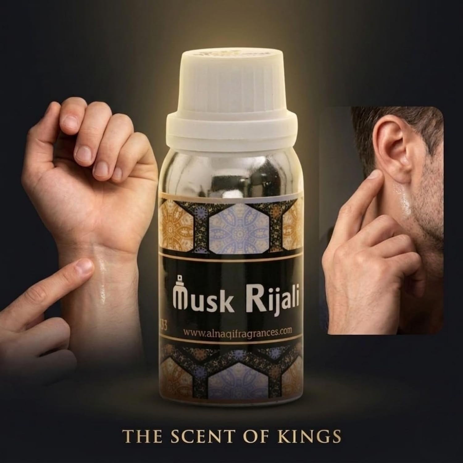 Bottle of Musk Rijali with a hand applying it to the wrist and an inset showing application on the ear.
