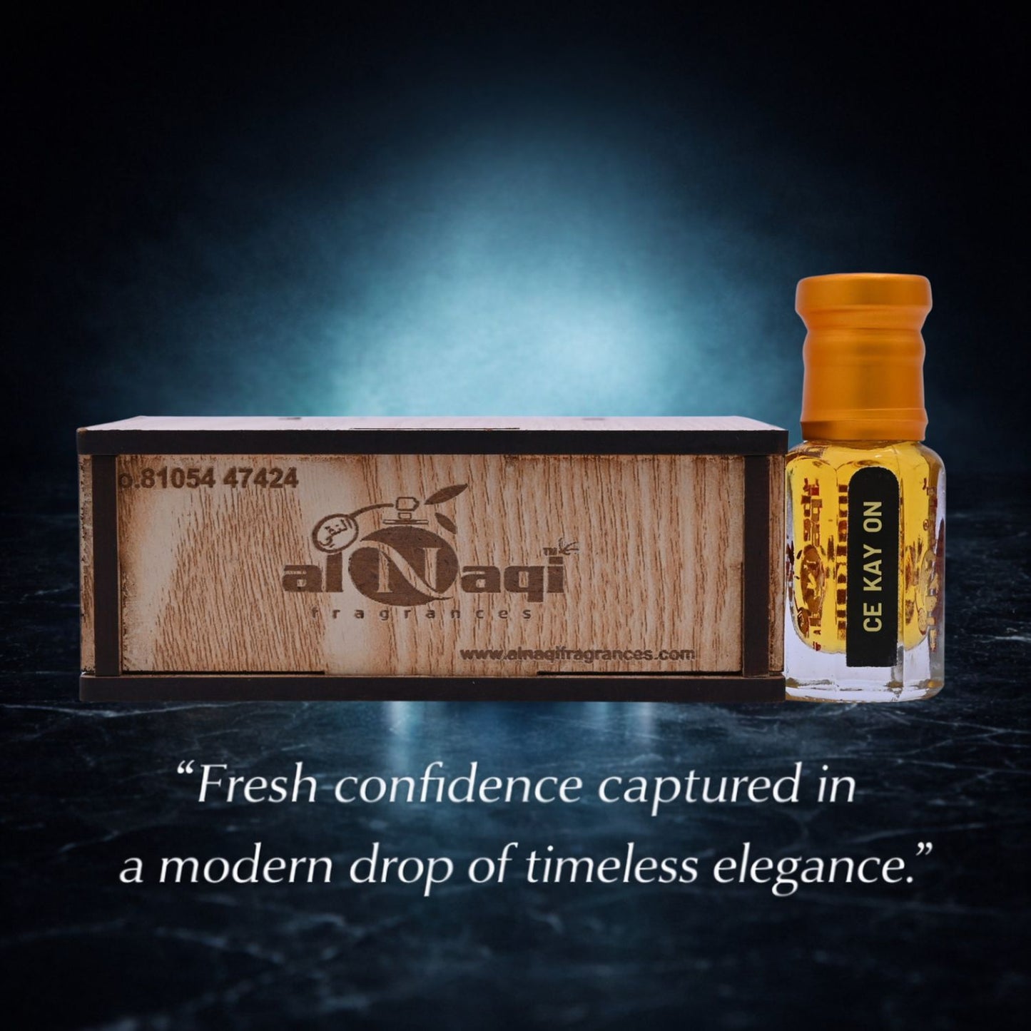 Fragrance bottle with gold cap and labeled CA KEY ON on a light gray background