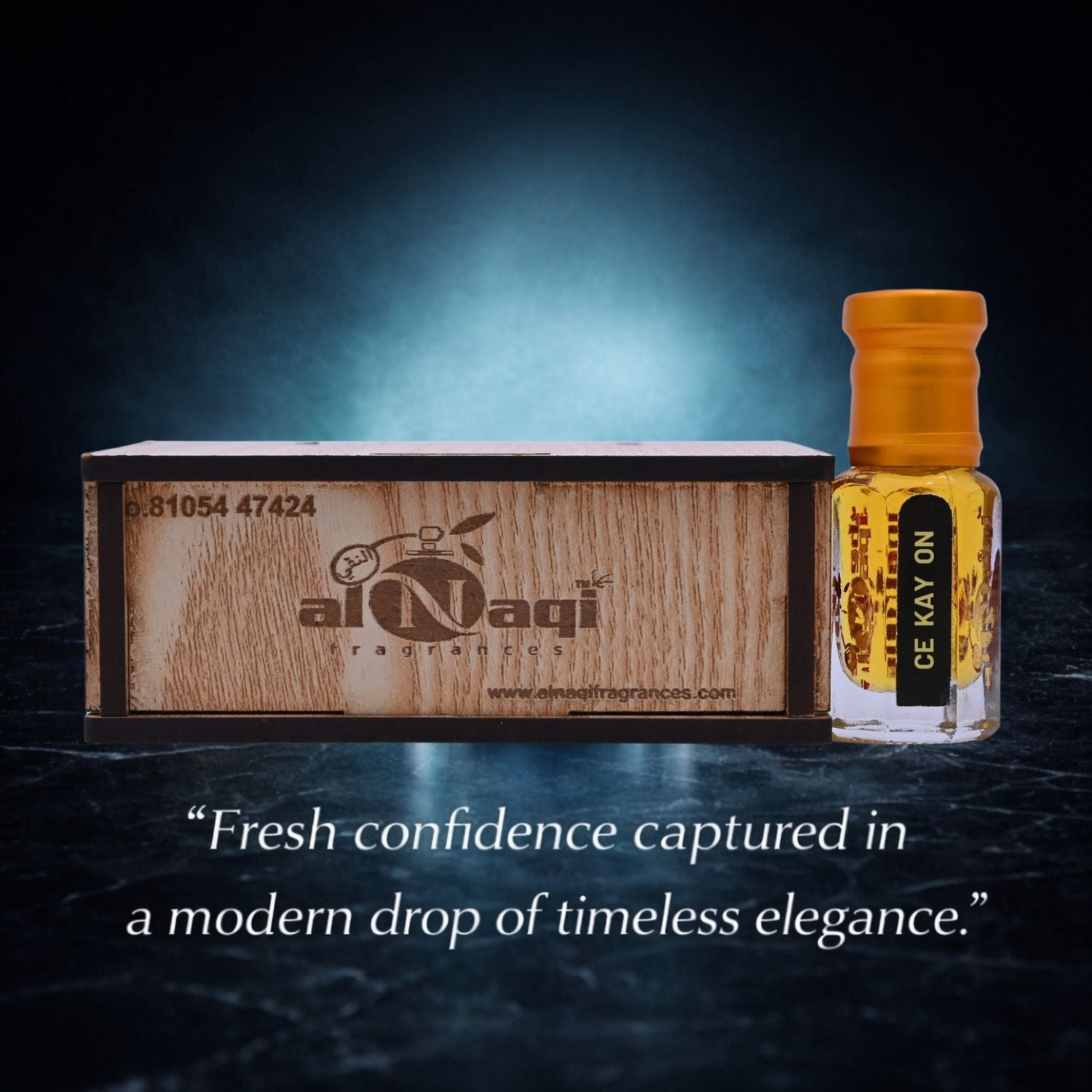 Fragrance bottle with gold cap and labeled CA KEY ON on a light gray background