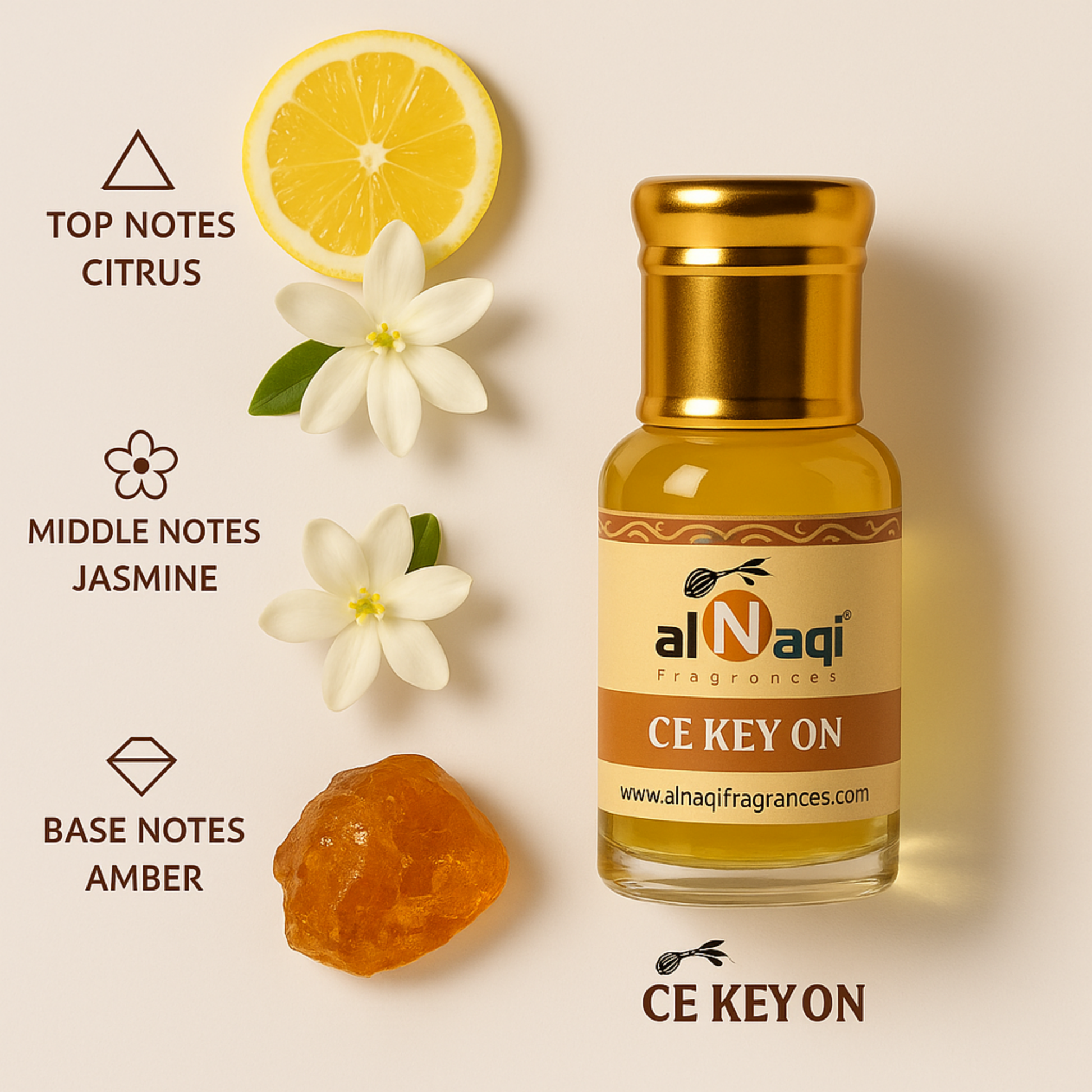 alNaqi Fragrances bottle with lemon, jasmine flower, and amber on a beige background
