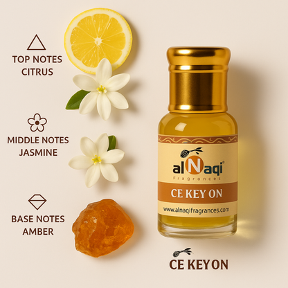 alNaqi Fragrances bottle with lemon, jasmine flower, and amber on a beige background