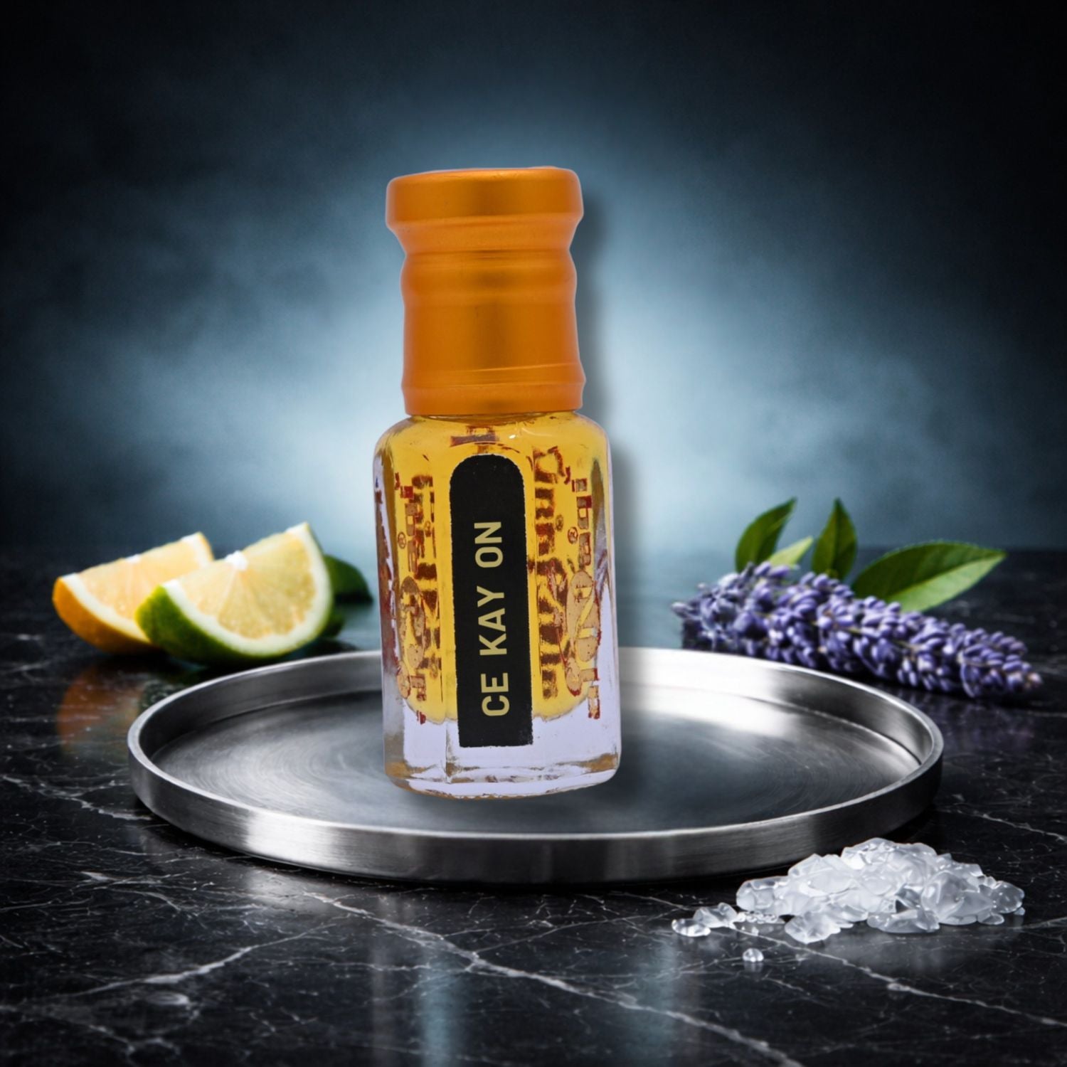 Person applying attar to wrist with text on how to apply