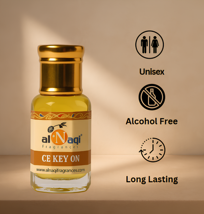 Alcohol-free perfume bottle with 'Unisex', 'Alcohol Free', and 'Long Lasting' features on a beige background.