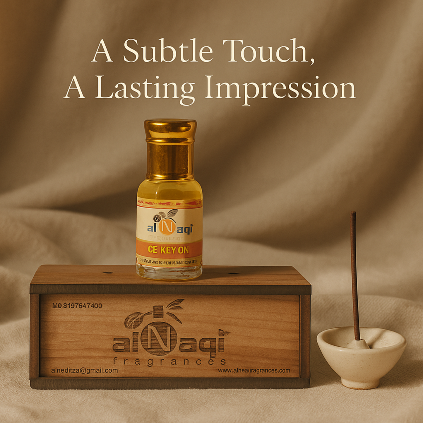 alNaqi fragrances bottle on a wooden stand with incense stick and dish against a beige background