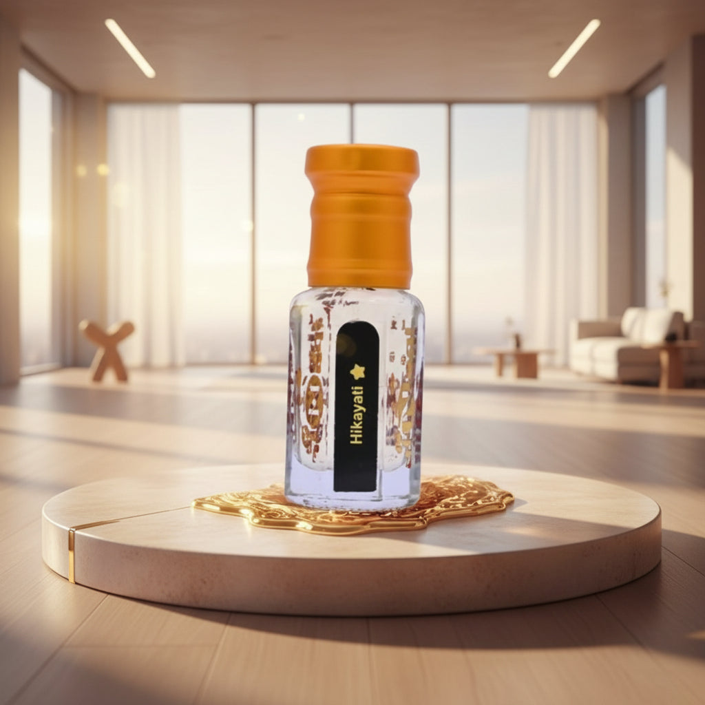 Perfume bottle with decorative elements on a marble surface with a warm glow