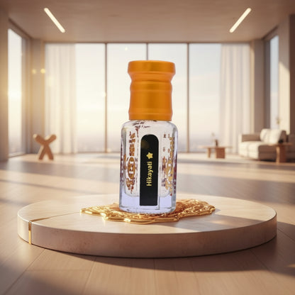 Perfume bottle with decorative elements on a marble surface with a warm glow