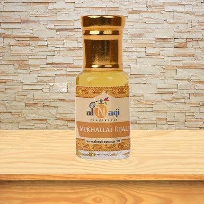 Mukhallat Rijali attar bottle placed alongside other premium oils
