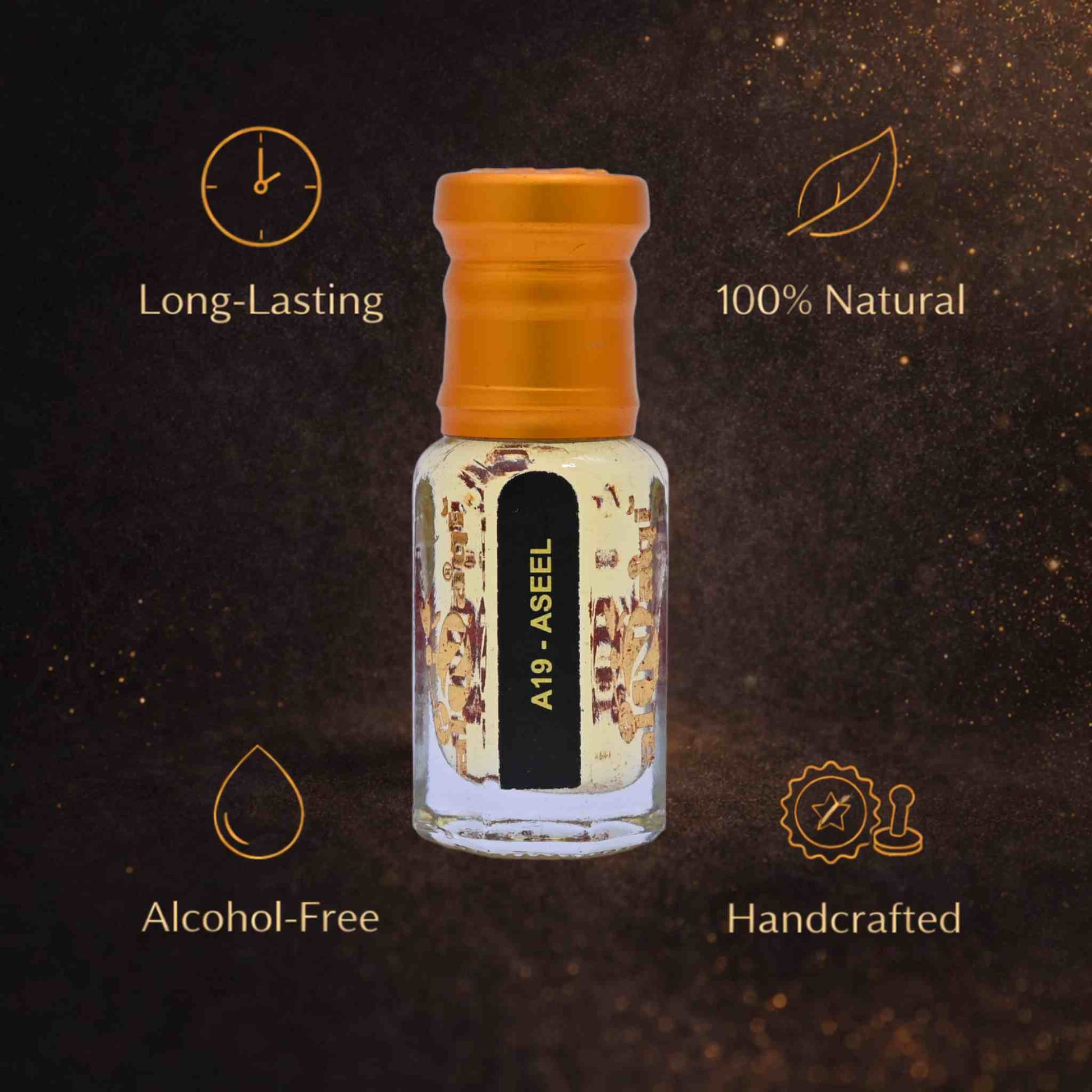 Small bottle with orange cap on a dark background, featuring text about product attributes.