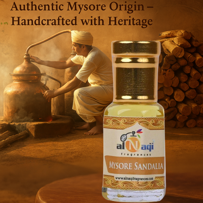 Bottle of Mysore Sandalia with a traditional scene in the background