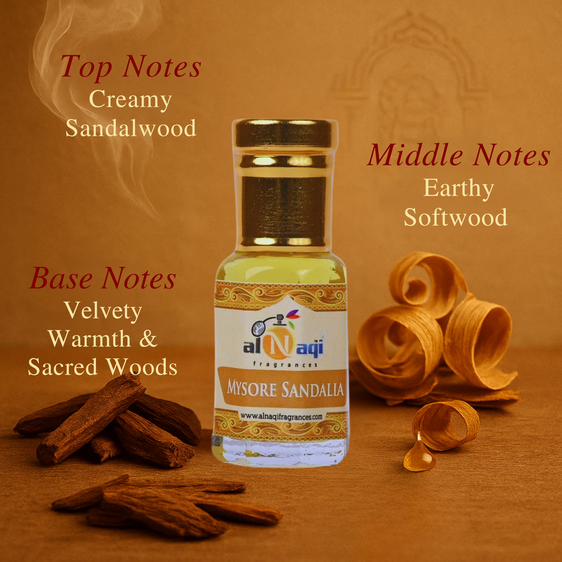 Al-Naqi Mysore Sandalia fragrance bottle with sandalwood elements on a brown background