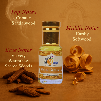Al-Naqi Mysore Sandalia fragrance bottle with sandalwood elements on a brown background