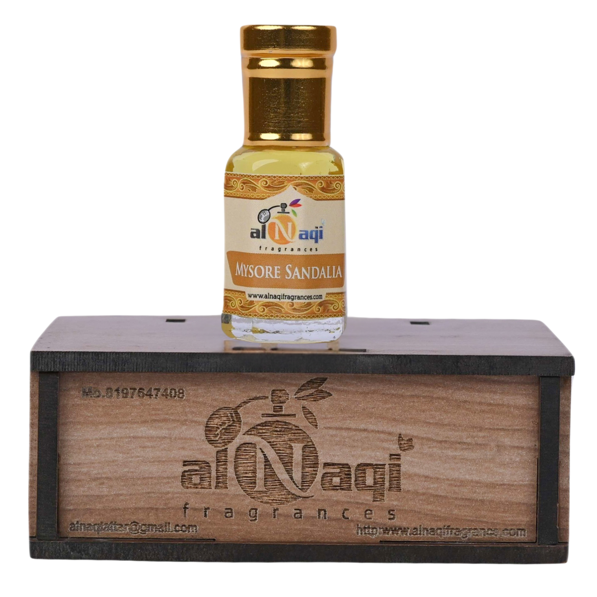 Al Naqi Mysore Sandalwood perfume bottle on a wooden stand with brand logo.