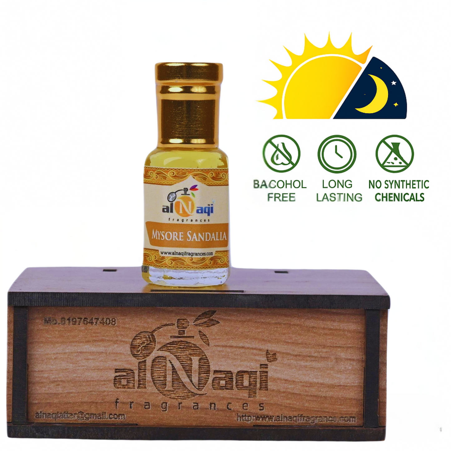alNaqi Misore Sandalwood fragrance bottle on a wooden stand with brand logo and product features.