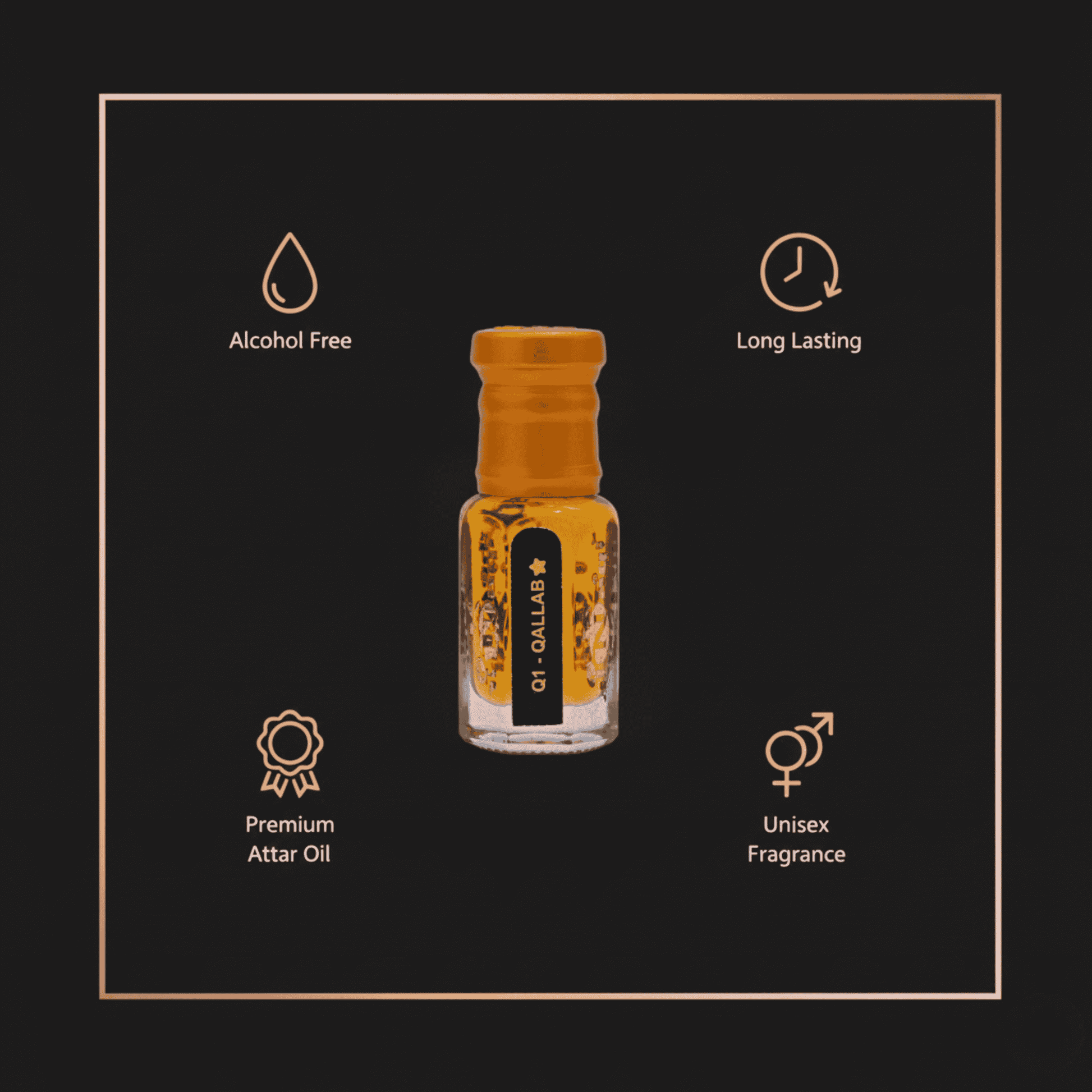 Luxury oriental perfume oil with deep amber, spice, and woody scent