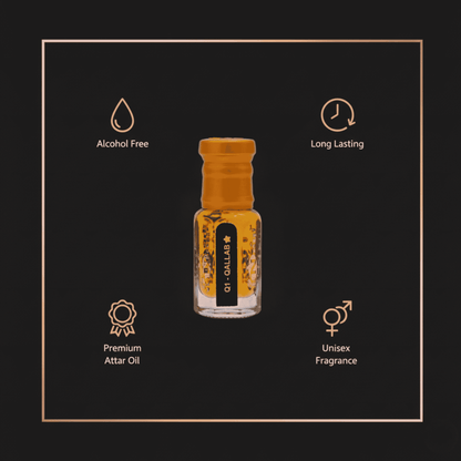 Luxury oriental perfume oil with deep amber, spice, and woody scent