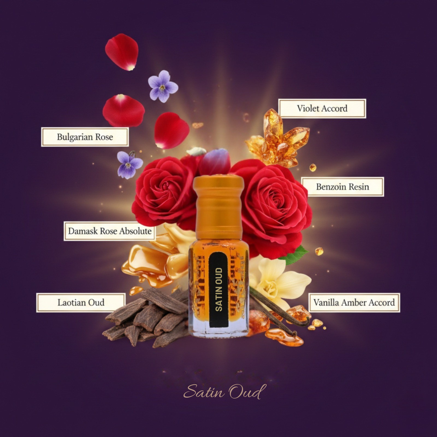 Satin Oud perfume bottle with floral and aromatic elements on a dark background