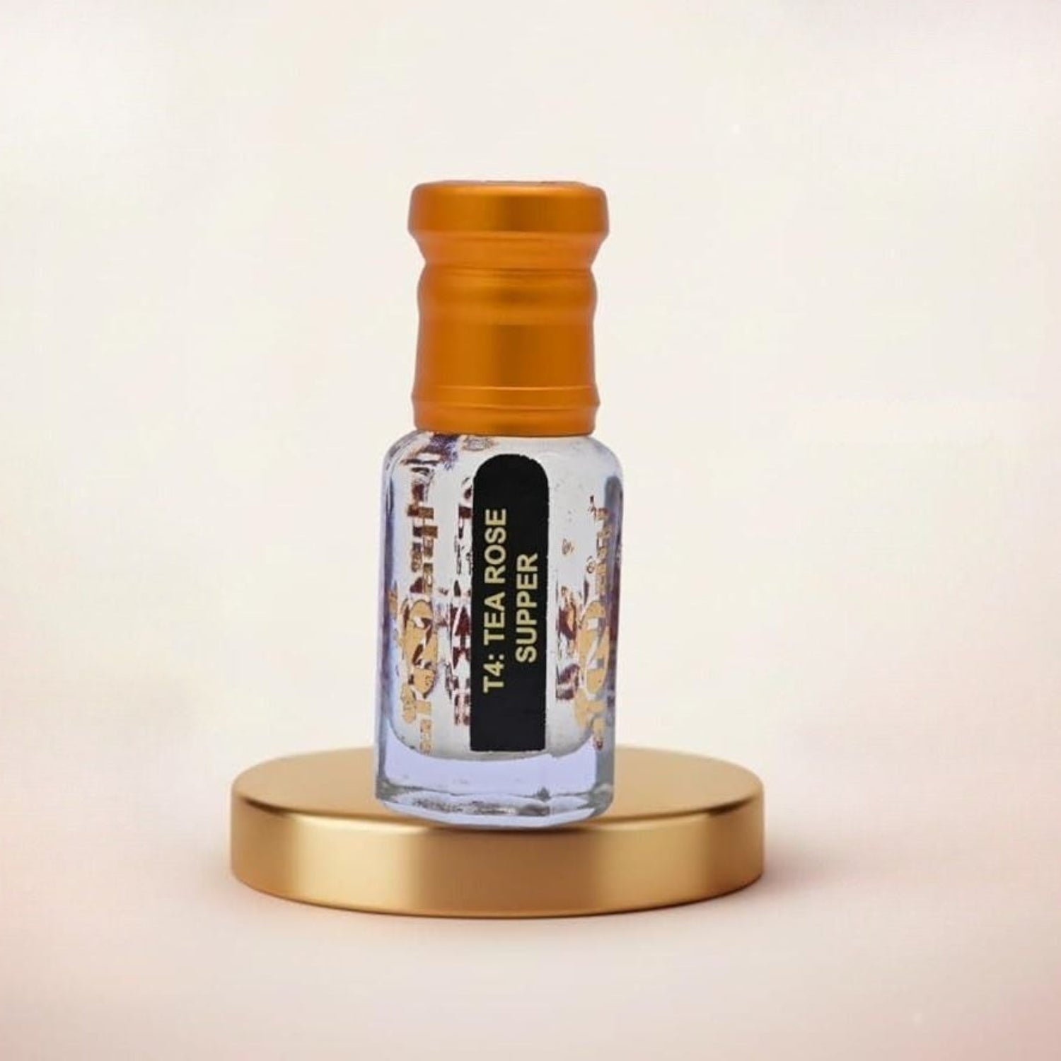 Small bottle with a gold cap on a gold platform against a light pink background