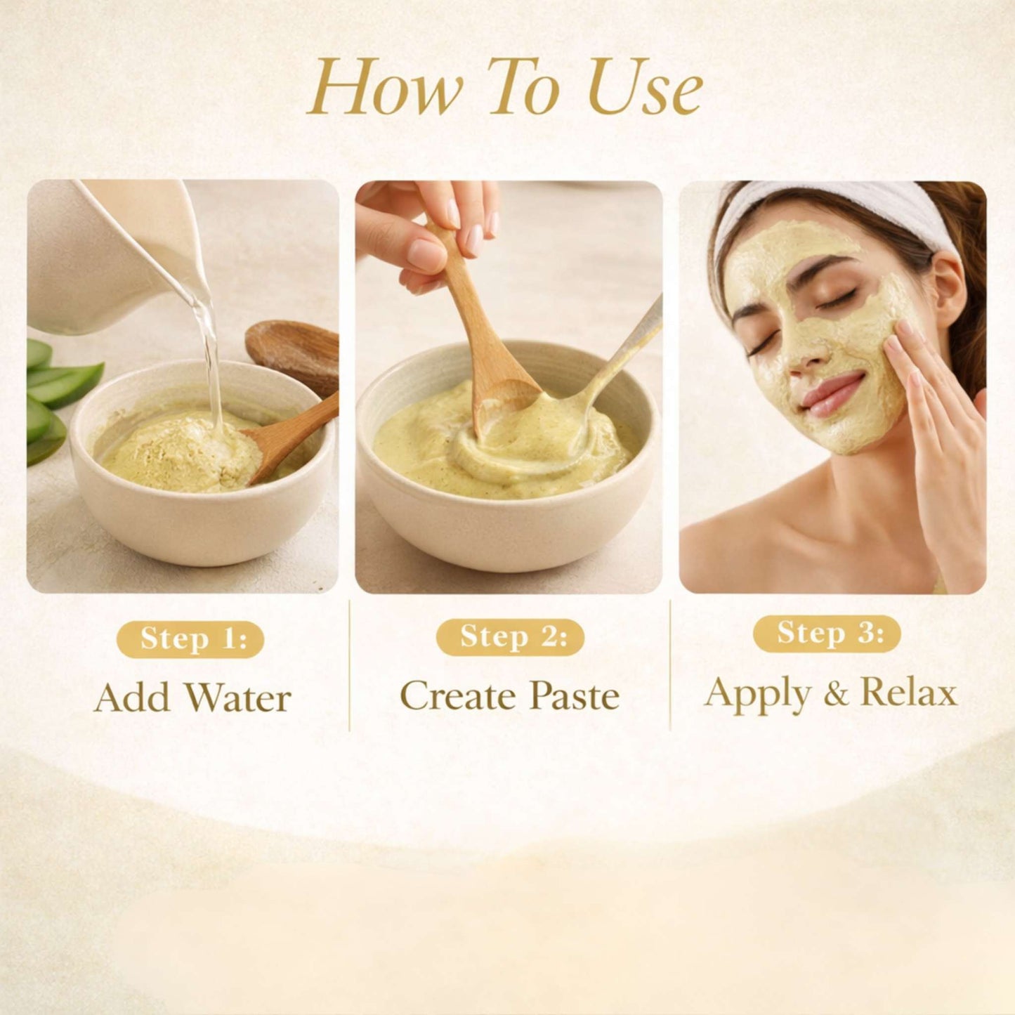 Step-by-step guide on how to use a facial mask with images of adding water, creating a paste, and applying the mask.