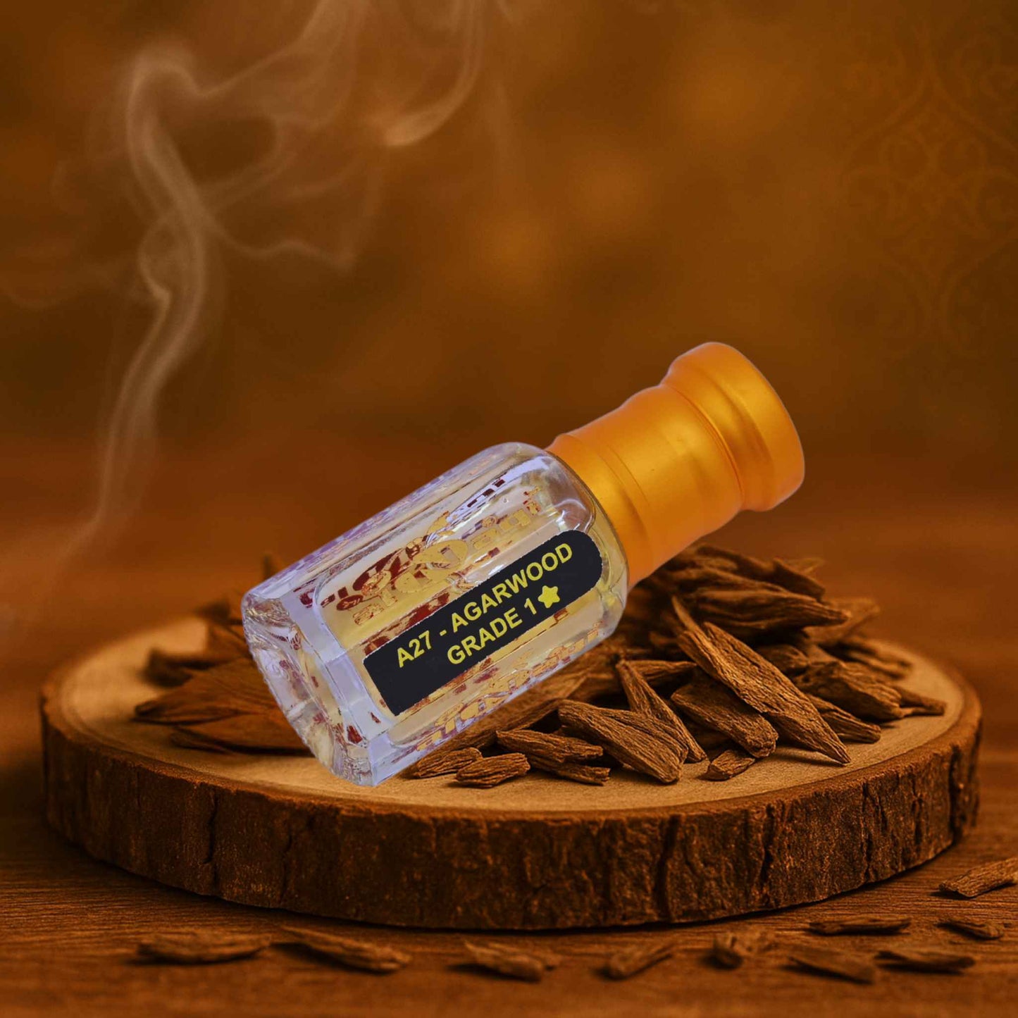 Agarwood stick with a bottle labeled 'A27 Agarwood Grade 1' on a wooden surface with smoke in the background.
