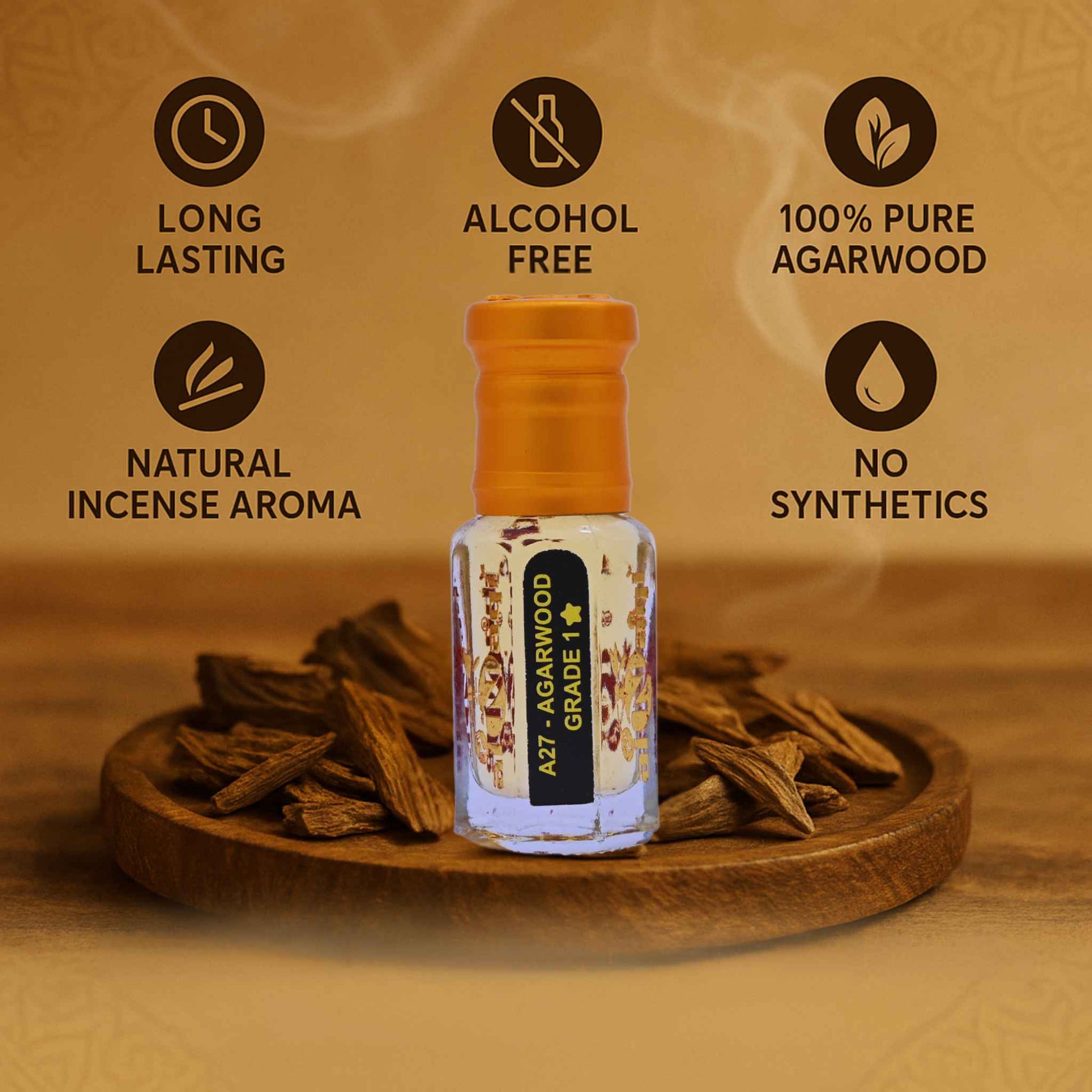 Bottle of agarwood oil with features listed on a wooden background