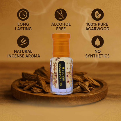 Bottle of agarwood oil with features listed on a wooden background
