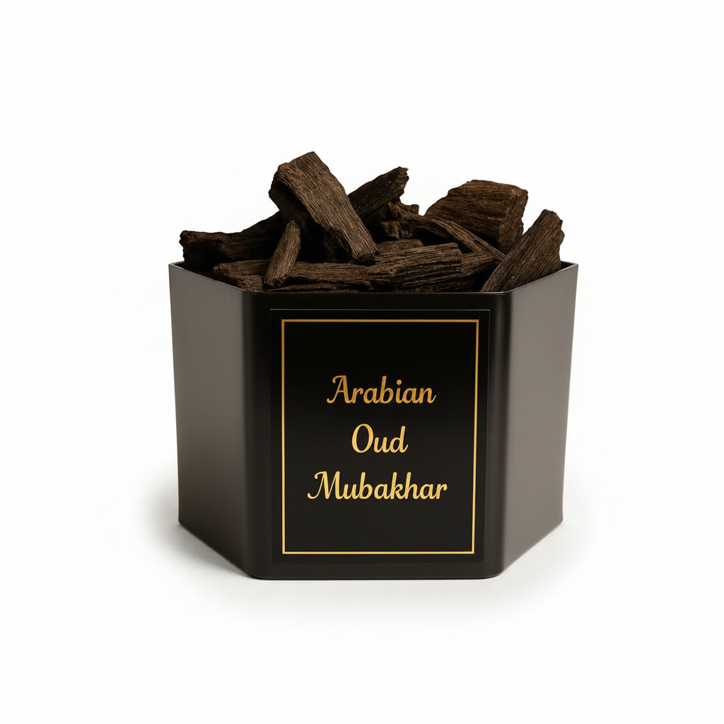 Front view of Alnaqi Arabian Oud Mubakhar 50g jar containing natural wood chips