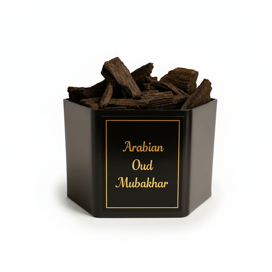 Front view of Alnaqi Arabian Oud Mubakhar 50g jar containing natural wood chips