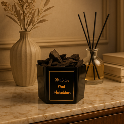 Close-up shot of rich resinous Alnaqi Arabian Oud Mubakhar natural agarwood chips