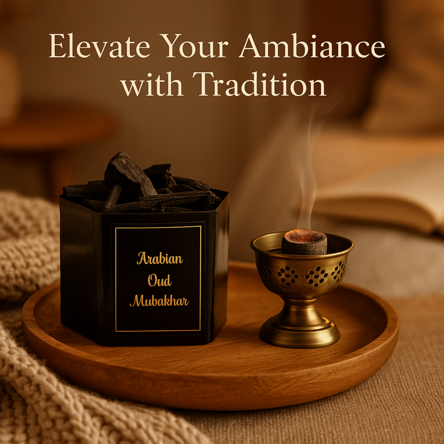 Elegant packaging box alongside Alnaqi Arabian Oud Mubakhar luxury incense jar
