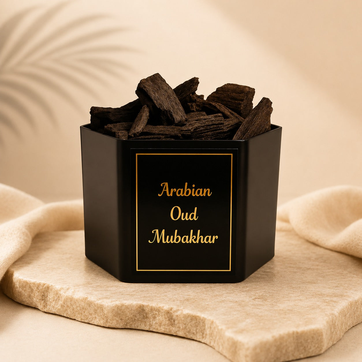 Premium natural wood chips of Alnaqi Arabian Oud Mubakhar spread out showing quality