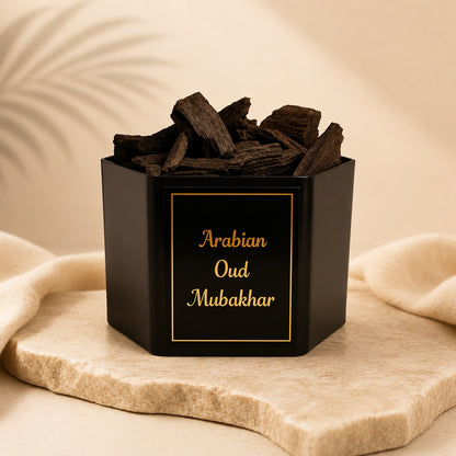 Premium natural wood chips of Alnaqi Arabian Oud Mubakhar spread out showing quality