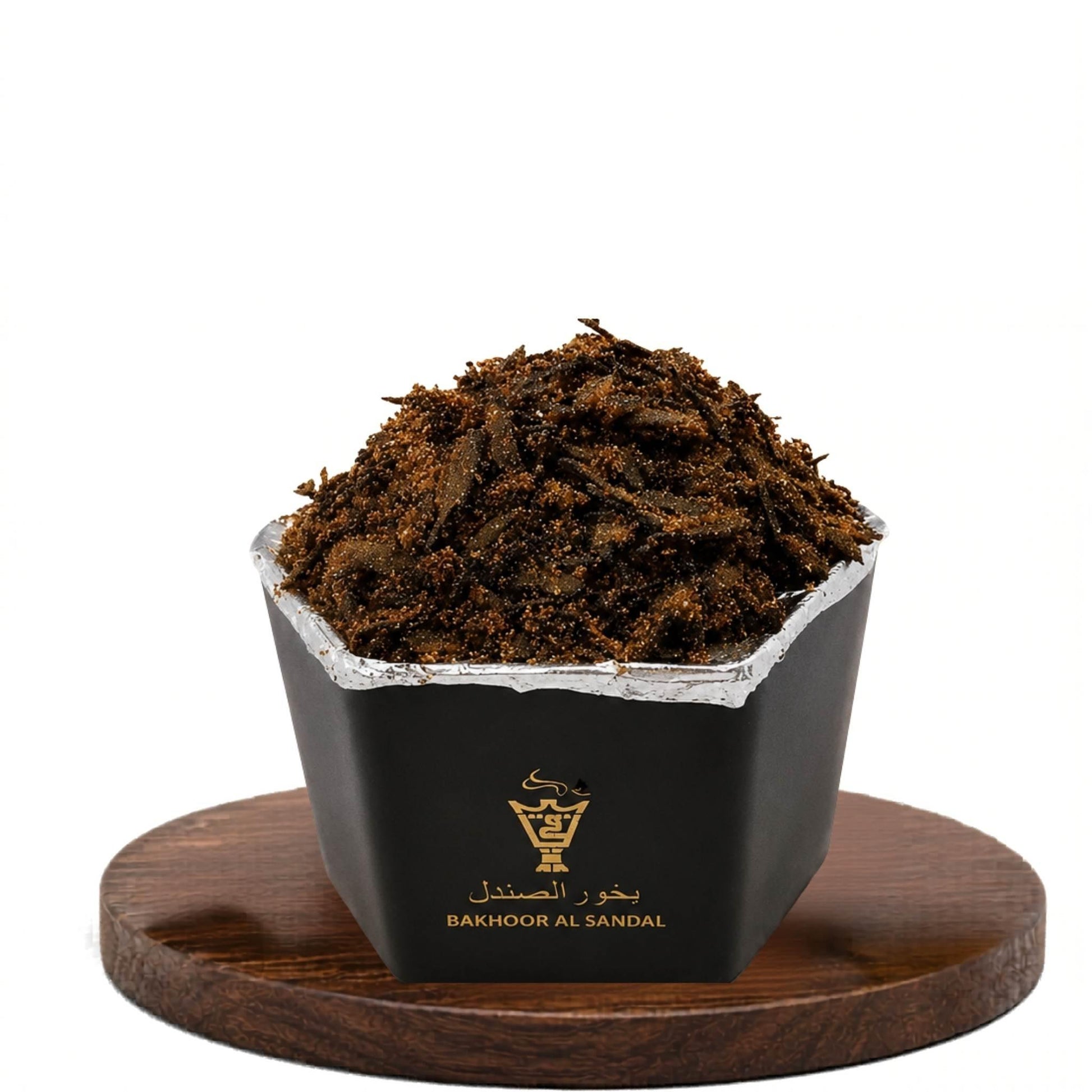 Front view of Alnaqi Bakhoor Al Sandal 50g jar filled with natural sandalwood chips