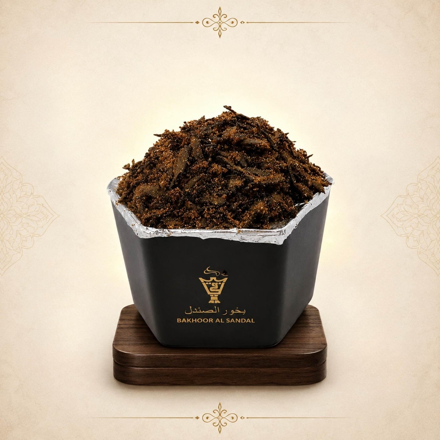 Close-up of resinous Alnaqi Bakhoor Al Sandal wood chips showing rich sandalwood texture