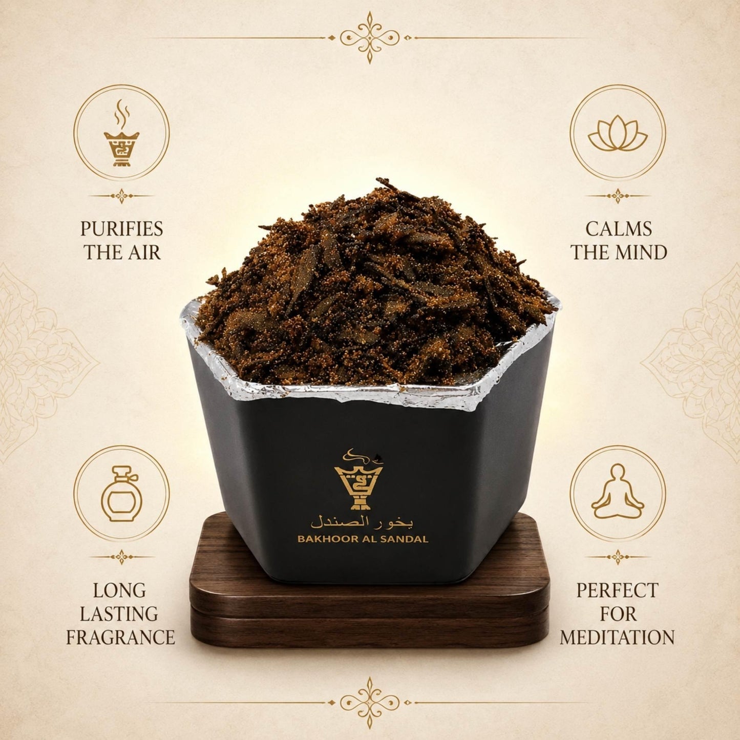 Elegant jar and outer packaging box of Alnaqi Bakhoor Al Sandal luxury incense