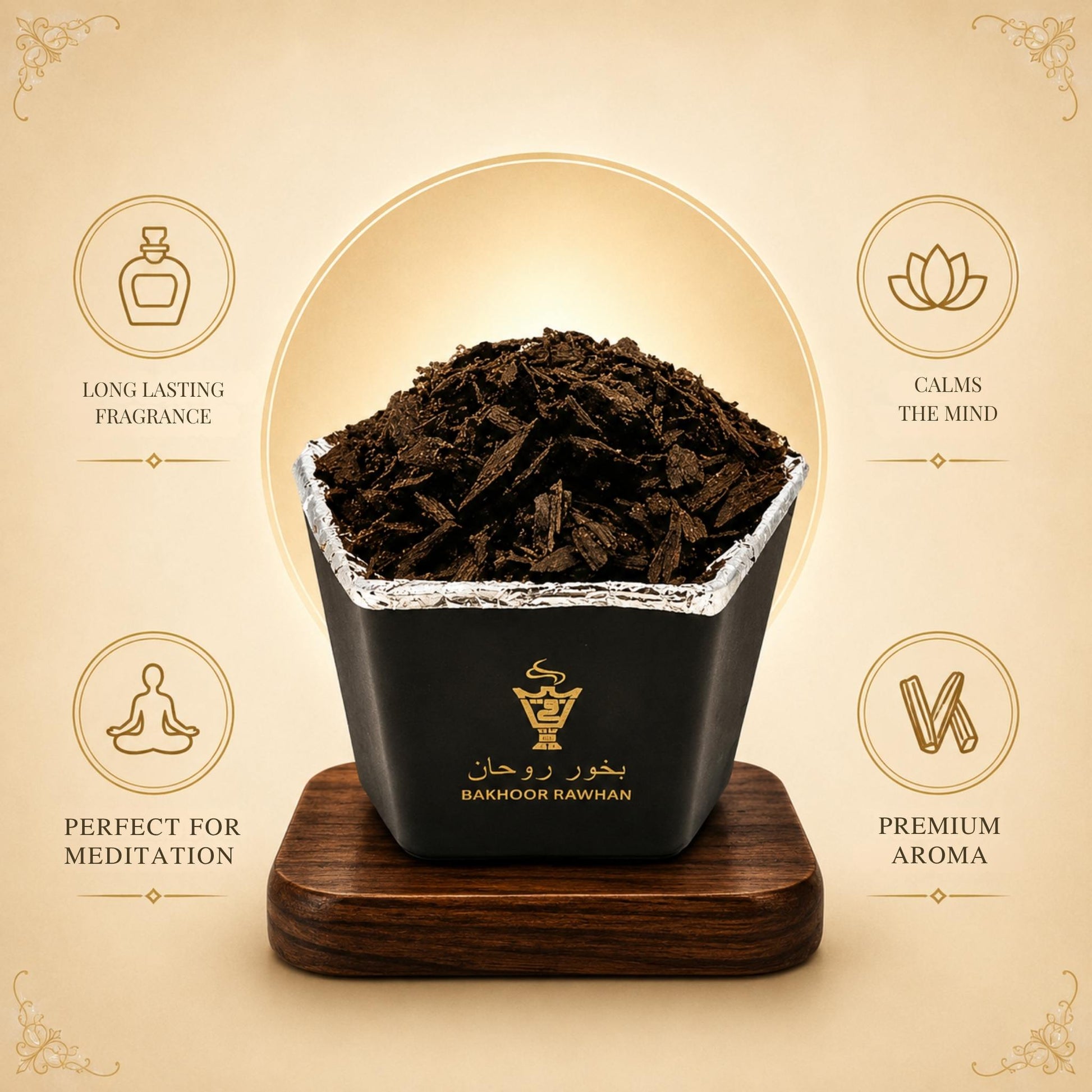 Alnaqi Bakhoor Rawhan wood chips releasing aromatic smoke on an incense burner