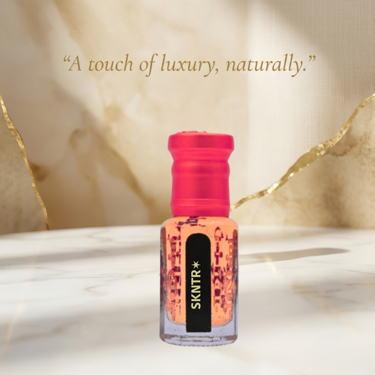 SKINTR bottle with pink cap on a marble surface, text 'A touch of luxury, naturally.'