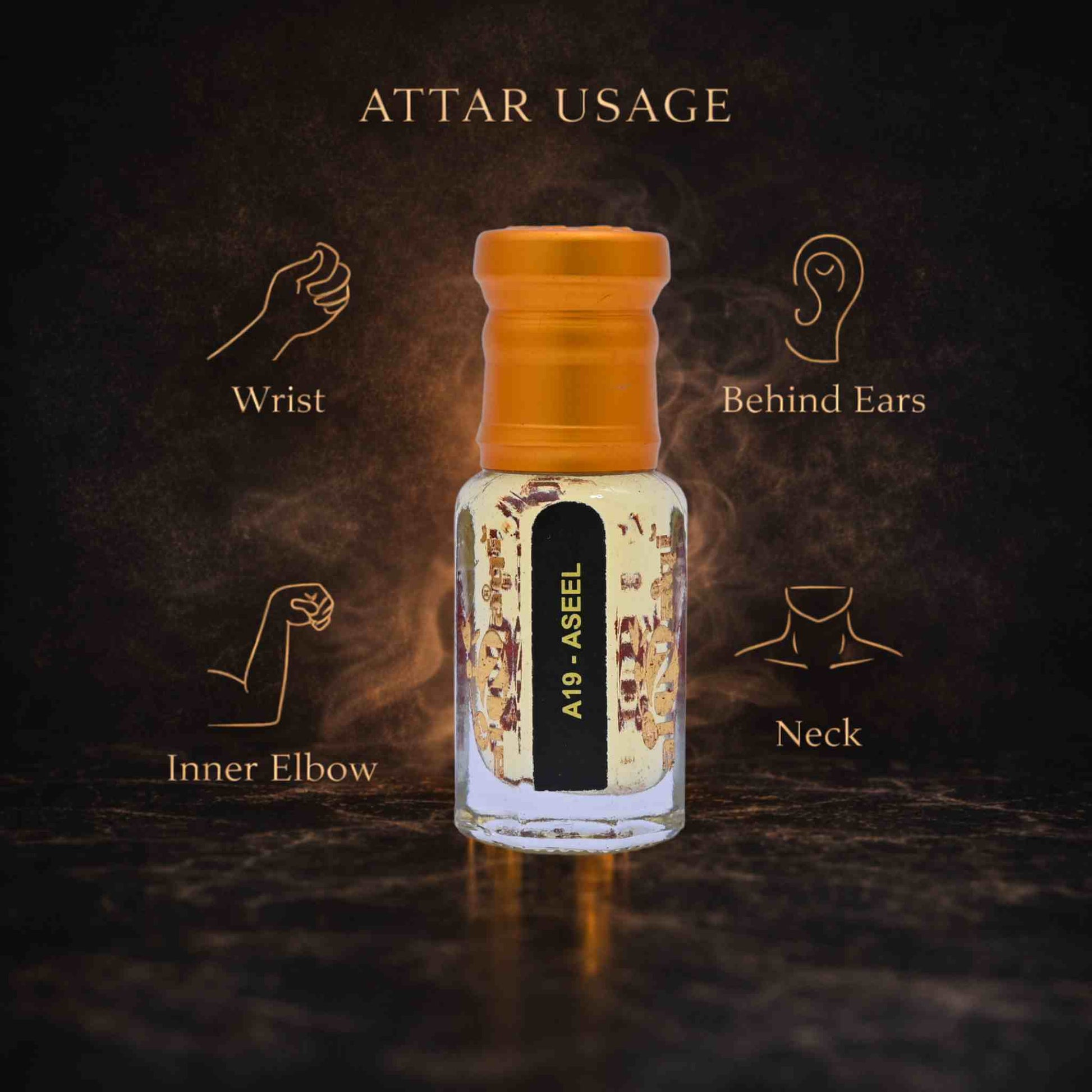 Attar bottle with usage instructions on a dark background