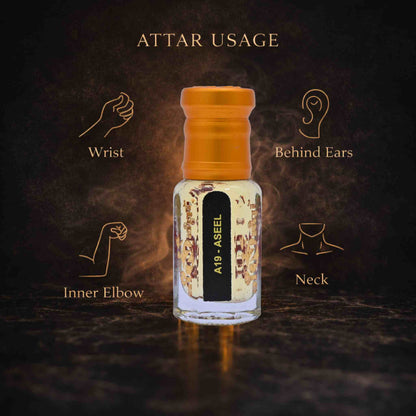 Attar bottle with usage instructions on a dark background