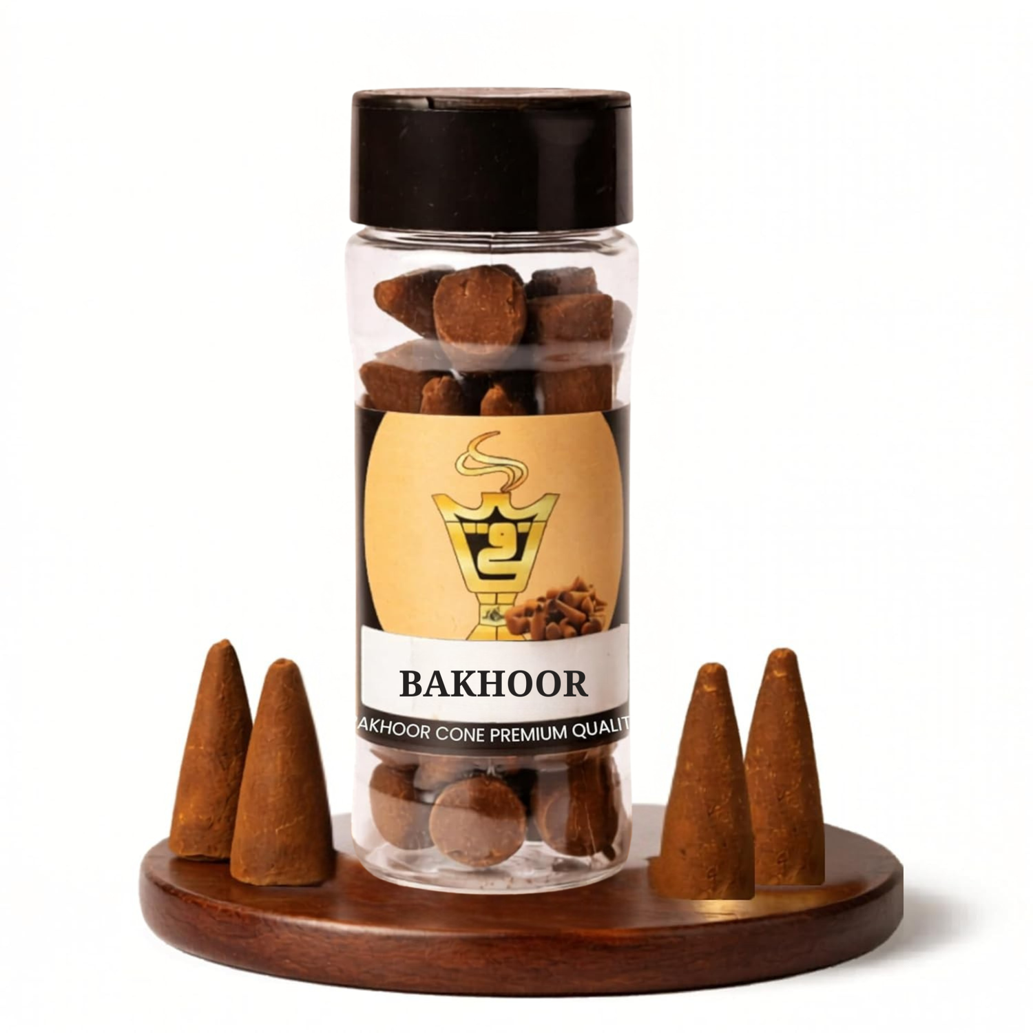 Bakhoor cones in a glass jar with wooden base and cones on a white background