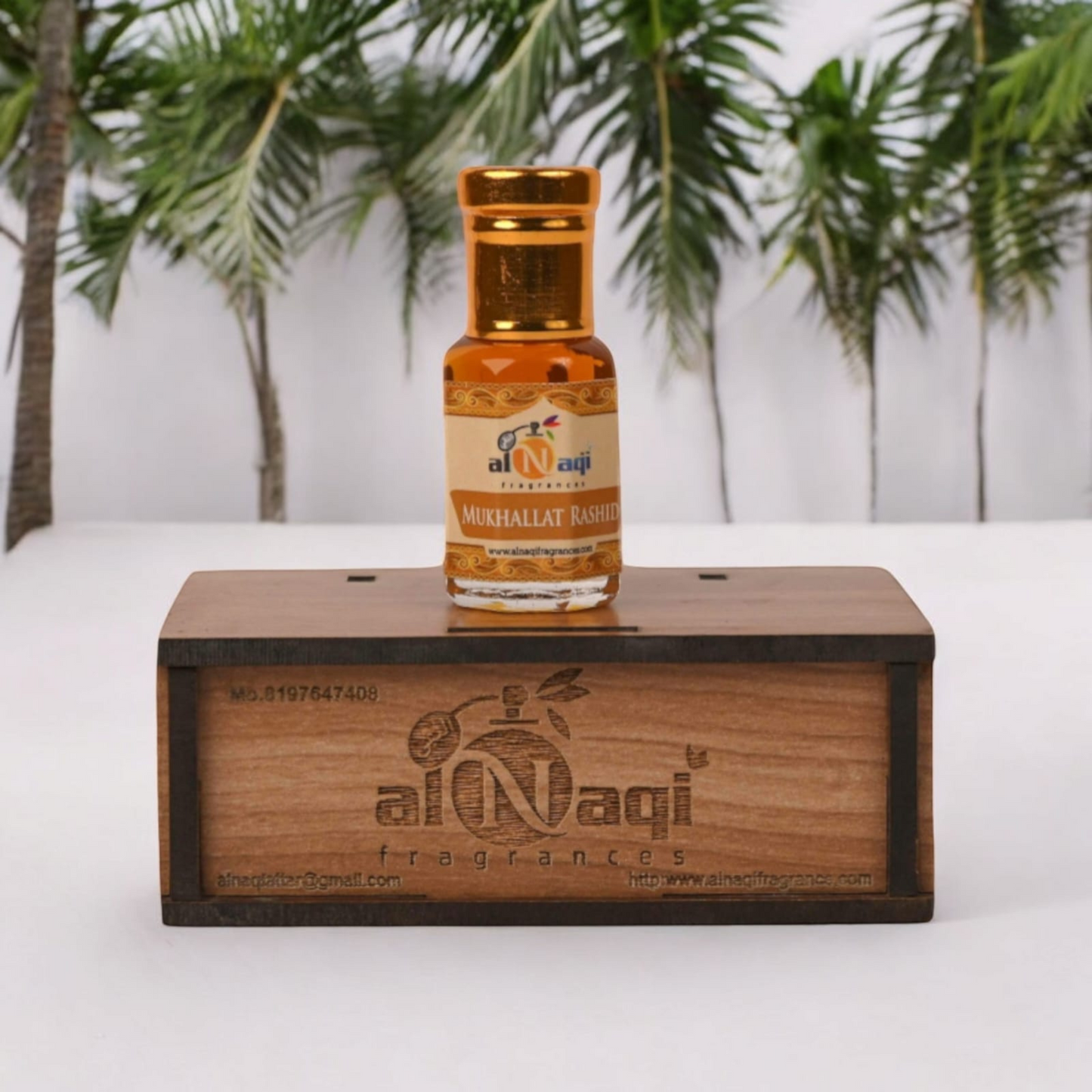 Al-Naqi perfume bottle on a wooden stand with palm trees in the background