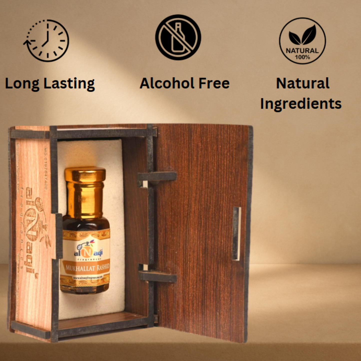 Bottle in a wooden box with 'Long Lasting', 'Alcohol Free', and 'Natural Ingredients' icons on a beige background.