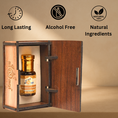 Bottle in a wooden box with 'Long Lasting', 'Alcohol Free', and 'Natural Ingredients' icons on a beige background.