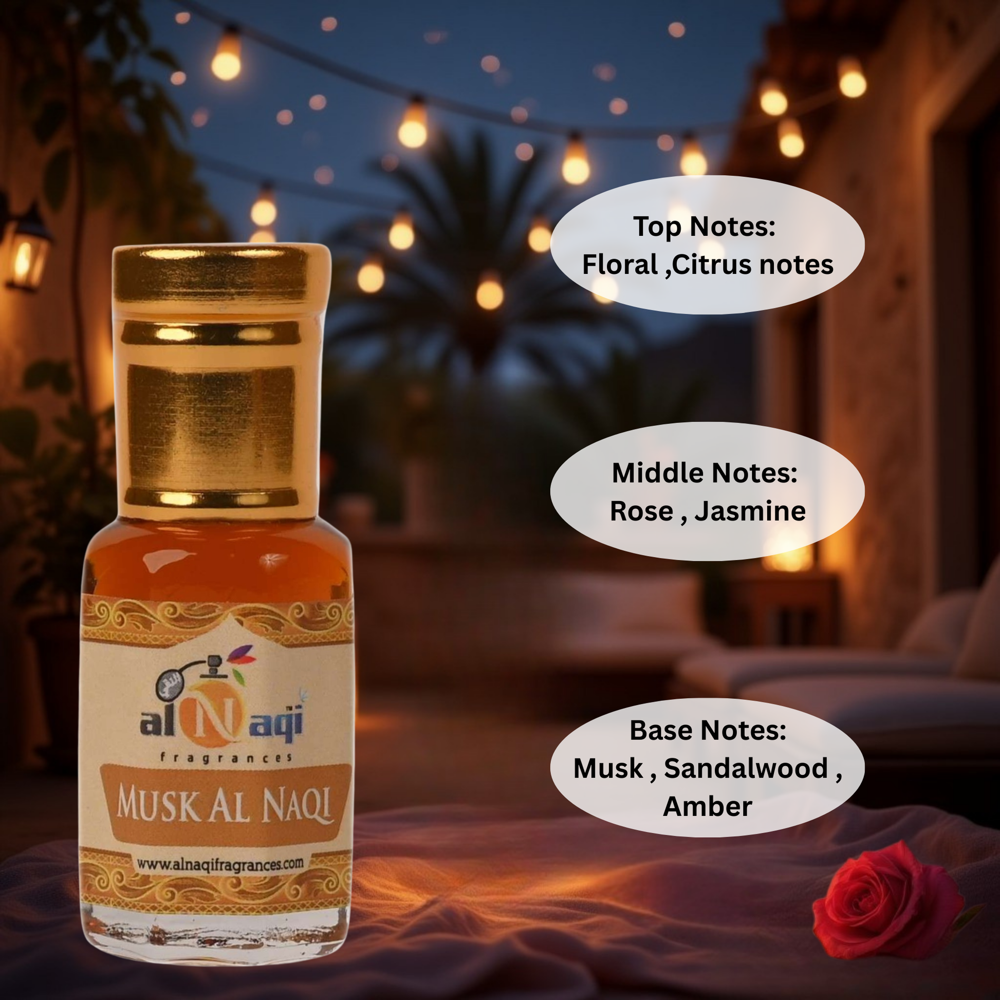 Bottle of Musk Al Naqi fragrance with notes displayed, set against a warm, evening outdoor background.