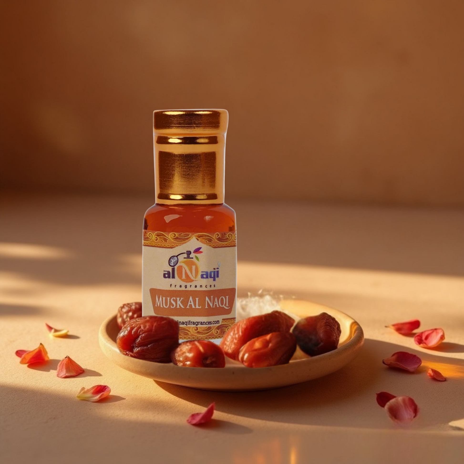 Bottle of Musk Al Naqi on a plate with dates and petals on a warm-toned background